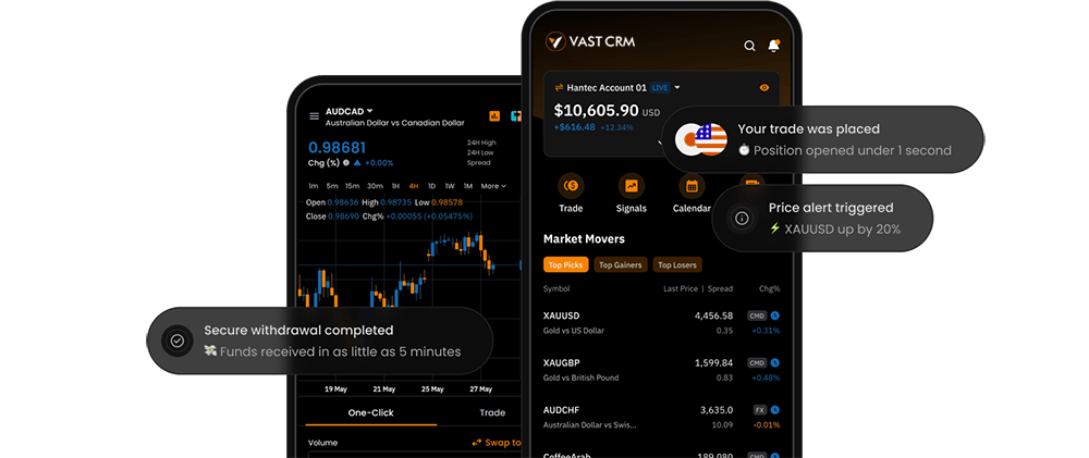 Mobile app showing a live price chart beside an account overview and market movers